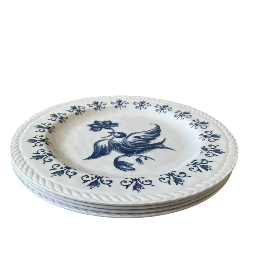 TAHARI Dove Bird of Peace Melamine Dinner Plates 11in  Set of 4 Blue & White NEW